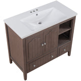 English Elm [Video] 36" Bathroom Vanity With Ceramic Basin, Bathroom Storage Cabinet With Two Doors and Drawers, Solid Frame, Metal Handles, Brown (Old Sku: Jl000003Aad-1)