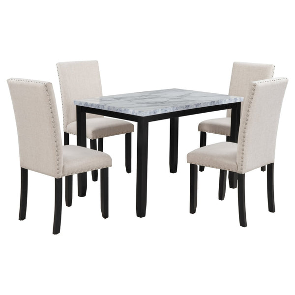English Elm Trexm Faux Marble Dining Set with Four Cushioned Chairs Rubberwood Glam Kitchen ST000040AAA