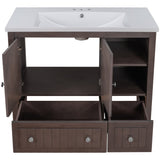 English Elm [Video] 36" Bathroom Vanity With Ceramic Basin, Bathroom Storage Cabinet With Two Doors and Drawers, Solid Frame, Metal Handles, Brown (Old Sku: Jl000003Aad-1)