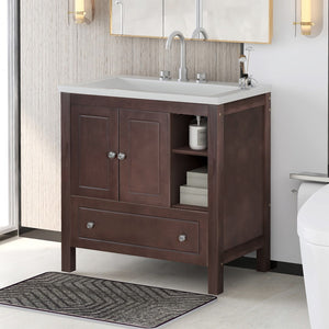 English Elm [Video] 30" Bathroom Vanity With Sink, Bathroom Storage Cabinet With Doors and Drawers, Solid Wood Frame, Ceramic Sink, Brown (Old Sku: Jl000002Aad)