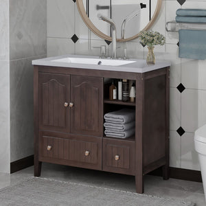 English Elm [Video] 36" Bathroom Vanity With Ceramic Basin, Bathroom Storage Cabinet With Two Doors and Drawers, Solid Frame, Metal Handles, Brown (Old Sku: Jl000003Aad)