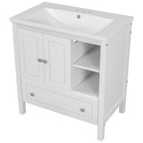 English Elm [Video] 30" Bathroom Vanity With Sink, Bathroom Storage Cabinet With Doors and Drawers, Solid Wood Frame, Ceramic Sink, White