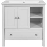 English Elm [Video] 30" Bathroom Vanity With Sink, Bathroom Storage Cabinet With Doors and Drawers, Solid Wood Frame, Ceramic Sink, White