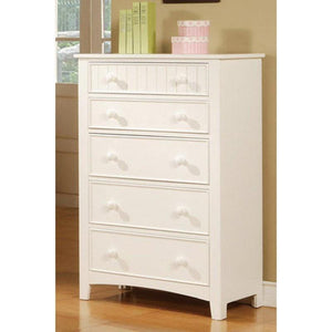 English Elm White Twin Size Bed Nightstand and Chest 3pc Set – White Vertical Carved Headboard, 5-Drawer Chest, Youth Bedroom Elegance HS00F9049-F4238-F4239-ID-AHD