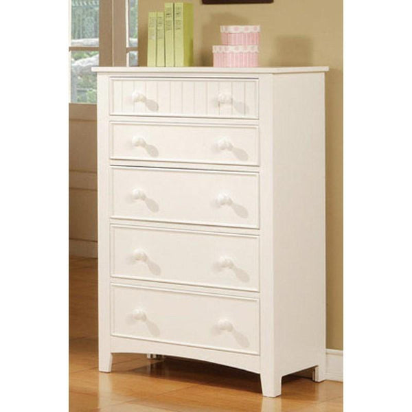 English Elm White Twin Size Bed Nightstand and Chest 3pc Set – White Vertical Carved Headboard, 5-Drawer Chest, Youth Bedroom Elegance HS00F9049-F4238-F4239-ID-AHD