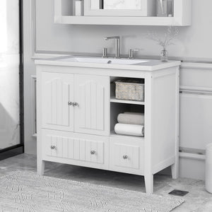 English Elm [Video] 36" Bathroom Vanity With Ceramic Basin, Bathroom Storage Cabinet With Two Doors and Drawers, Solid Frame, Metal Handles, White