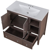 English Elm [Video] 36" Bathroom Vanity With Ceramic Basin, Bathroom Storage Cabinet With Two Doors and Drawers, Solid Frame, Metal Handles, Brown (Old Sku: Jl000003Aad-1)