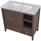 English Elm [Video] 36" Bathroom Vanity With Ceramic Basin, Bathroom Storage Cabinet With Two Doors and Drawers, Solid Frame, Metal Handles, Brown (Old Sku: Jl000003Aad-1)