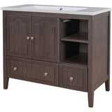 English Elm [Video] 36" Bathroom Vanity With Ceramic Basin, Bathroom Storage Cabinet With Two Doors and Drawers, Solid Frame, Metal Handles, Brown (Old Sku: Jl000003Aad-1)