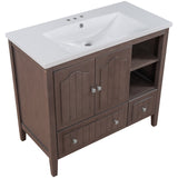 English Elm [Video] 36" Bathroom Vanity With Ceramic Basin, Bathroom Storage Cabinet With Two Doors and Drawers, Solid Frame, Metal Handles, Brown (Old Sku: Jl000003Aad-1)