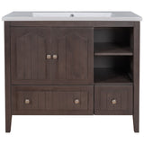 English Elm [Video] 36" Bathroom Vanity With Ceramic Basin, Bathroom Storage Cabinet With Two Doors and Drawers, Solid Frame, Metal Handles, Brown (Old Sku: Jl000003Aad-1)