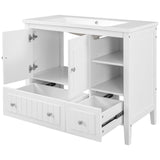 English Elm [Video] 36" Bathroom Vanity With Ceramic Basin, Bathroom Storage Cabinet With Two Doors and Drawers, Solid Frame, Metal Handles, White