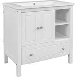 English Elm [Video] 30" Bathroom Vanity With Sink, Bathroom Storage Cabinet With Doors and Drawers, Solid Wood Frame, Ceramic Sink, White