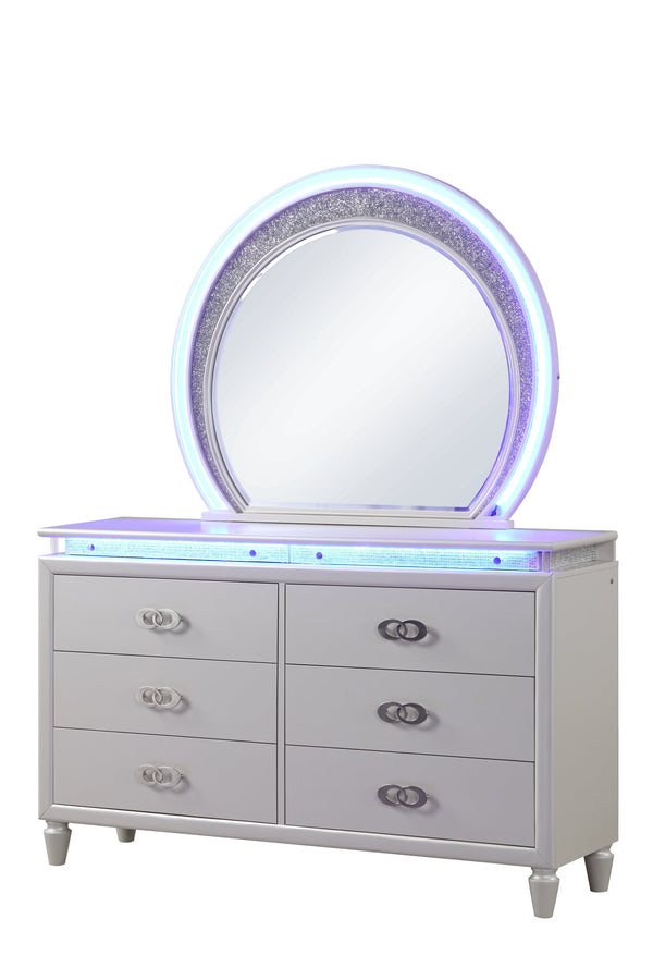 English Elm King Perla 5-Pc LED Bedroom Set in Milky White — Solid Wood, Channel Tufted Headboard, Luxe Storage, Crystal Accents 659436064584