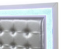 English Elm LED Queen Bed Milky White Wood Upholstered Headboard with Button Tufting, Crystal LED Accents, Luxurious Ambiance 659436057746