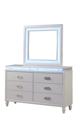 English Elm Dresser Milky White Solid Wood 65" x36" Glam LED Lighting Felt-Lined Drawers Metal Handles Durable Luxury 659436045446