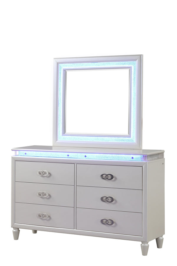 English Elm Dresser Milky White Solid Wood 65" x36" Glam LED Lighting Felt-Lined Drawers Metal Handles Durable Luxury 659436045446