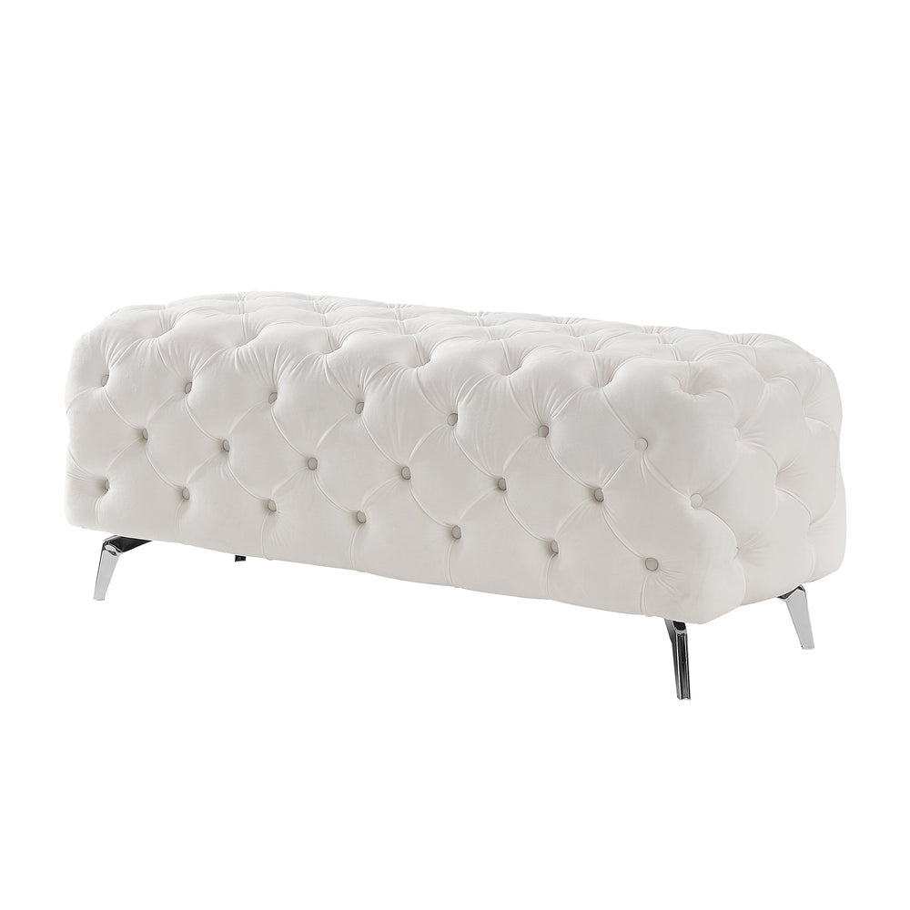 English Elm Button-Tufted Velvet Ottoman Bench White 51.2" L Chrome Legs Upholstered Foam Seat Accent Stool W58839780