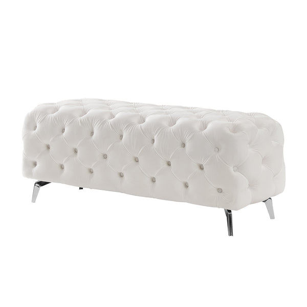 English Elm Button-Tufted Velvet Ottoman Bench White 51.2" L Chrome Legs Upholstered Foam Seat Accent Stool W58839780