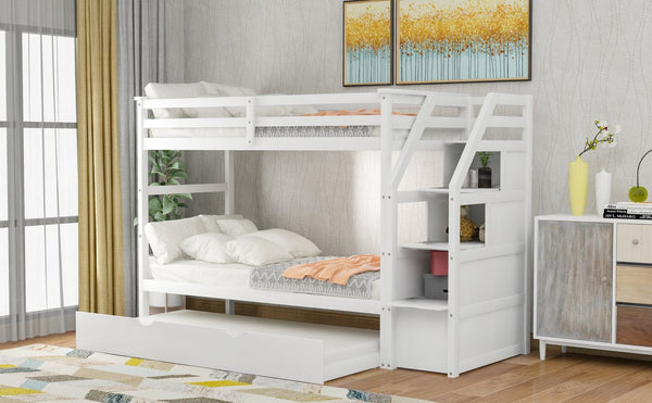English Elm Twin-over-twin Bunk Bed with Trundle Stair Storage Kids Shared Bedroom White LT000064AAK