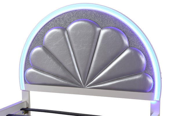 English Elm King Lux LED Wood Bed in Milky White with Channel Tufted Headboard, Crystal Accents & Ambient Lighting 659436120822