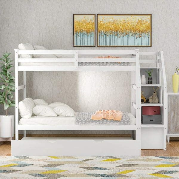 English Elm Twin-over-twin Bunk Bed with Trundle Stair Storage Kids Shared Bedroom White LT000064AAK