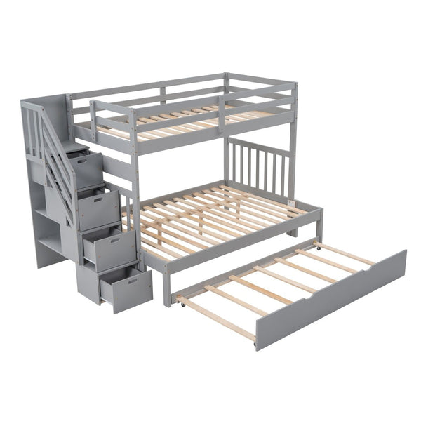 English Elm Twin Over Full Bunk Bed with Staircase Storage Drawers and Pull Out Trundle LT000025AAE-1