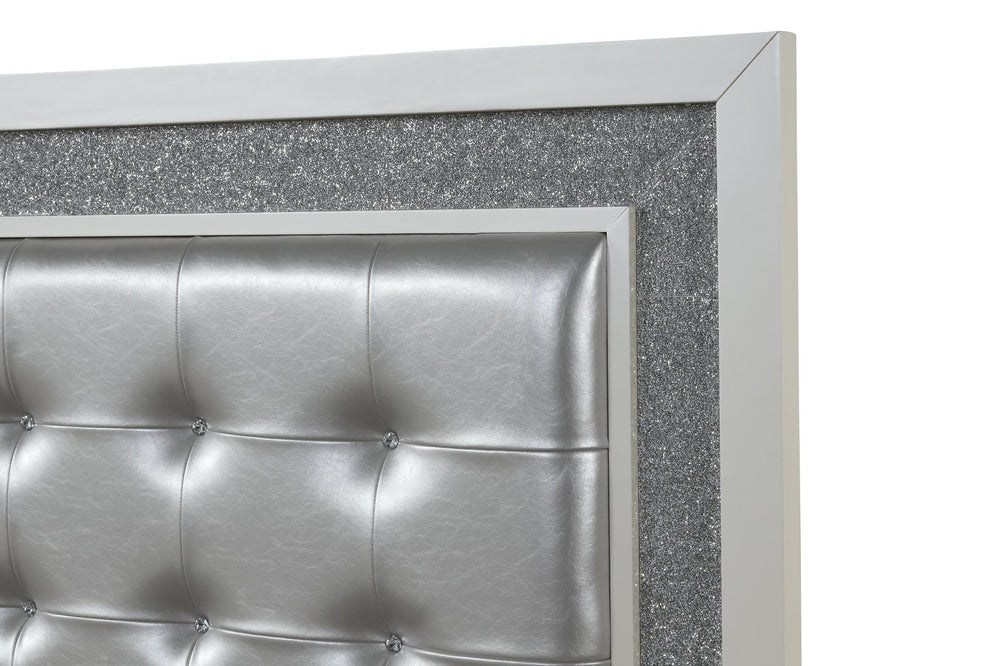 English Elm LED King Bed with Milky White Wood, Tufted Upholstered Headboard, Crystal LED Accents for Luxe Ambiance 659436497405