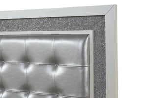 English Elm LED King Bed with Milky White Wood, Tufted Upholstered Headboard, Crystal LED Accents for Luxe Ambiance 659436497405