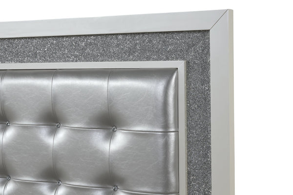 English Elm LED King Bed with Milky White Wood, Tufted Upholstered Headboard, Crystal LED Accents for Luxe Ambiance 659436497405