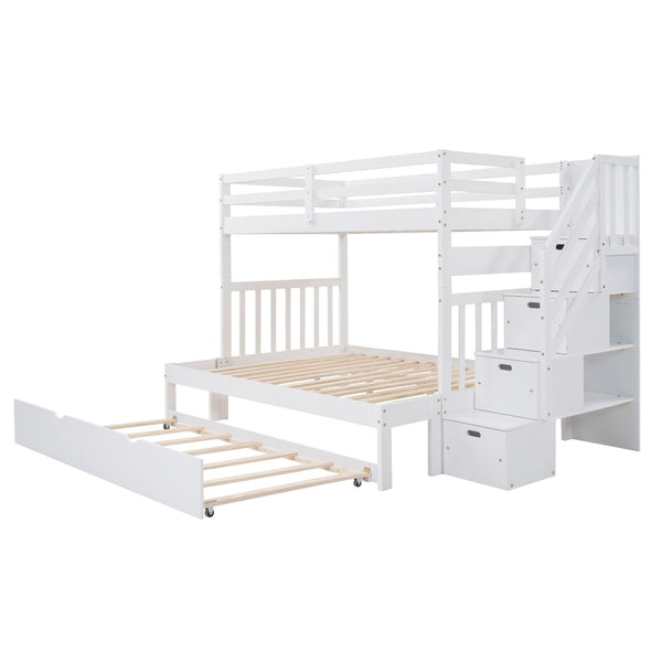 English Elm Twin Over Full Bunk Bed with Staircase Storage Drawers and Pull Out Trundle LT000025AAK-1