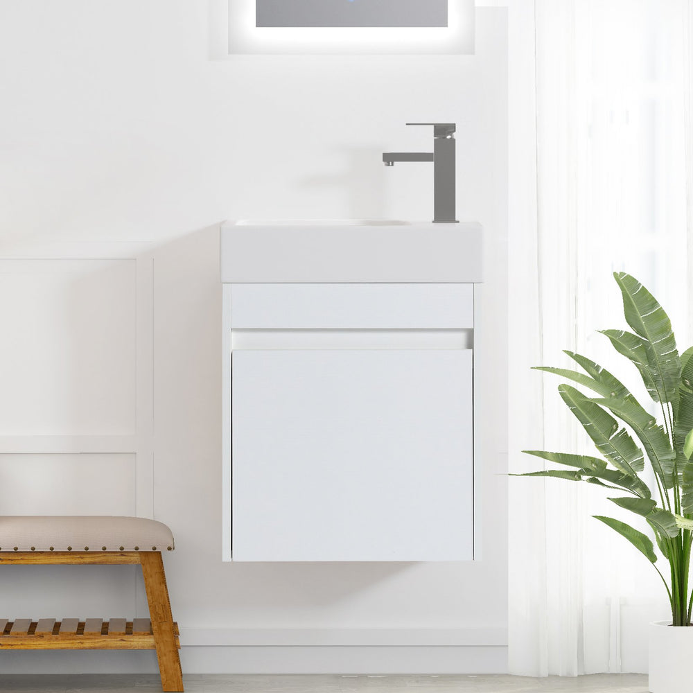 English Elm 18'' Floating Wall Vanity with Resin Sink, Open Shelf Storage, Eco-Friendly Plywood, Soft-Close Door White Straight Grain W99936243