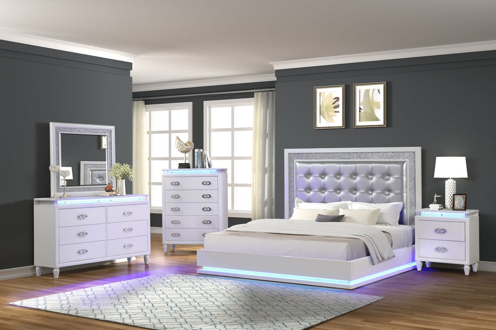 English Elm Nightstand Milky White Glam LED Crystal Pattern Solid Wood Nightstand with Felt-Lined Drawers, Luxurious Finish 659436012288