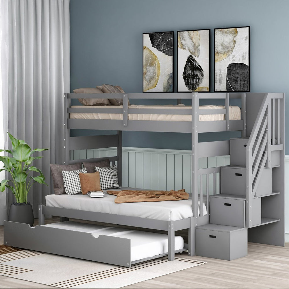 English Elm Twin Over Full Bunk Bed with Staircase Storage Drawers and Pull Out Trundle LT000025AAE-2