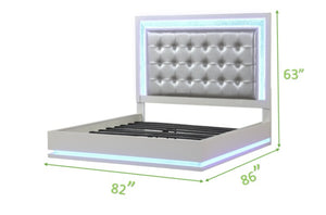 English Elm LED King Bed with Milky White Wood, Tufted Upholstered Headboard, Crystal LED Accents for Luxe Ambiance 659436497405