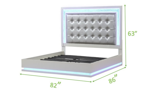 English Elm LED King Bed with Milky White Wood, Tufted Upholstered Headboard, Crystal LED Accents for Luxe Ambiance 659436497405