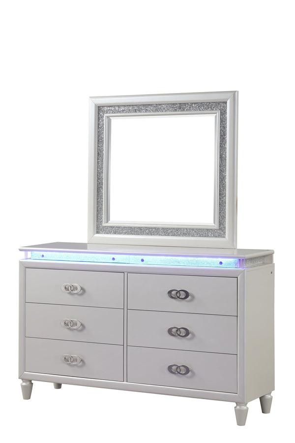 English Elm Dresser Milky White Solid Wood 65" x36" Glam LED Lighting Felt-Lined Drawers Metal Handles Durable Luxury 659436045446