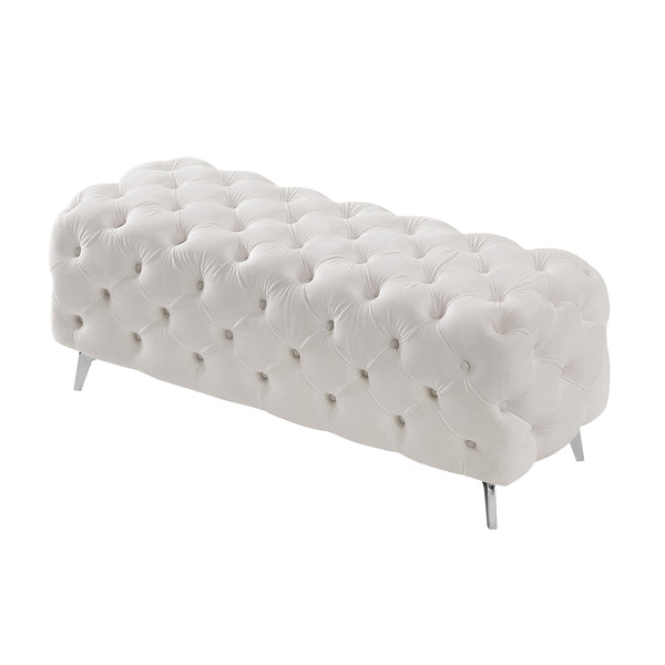 English Elm Button-Tufted Velvet Ottoman Bench White 51.2" L Chrome Legs Upholstered Foam Seat Accent Stool W58839780
