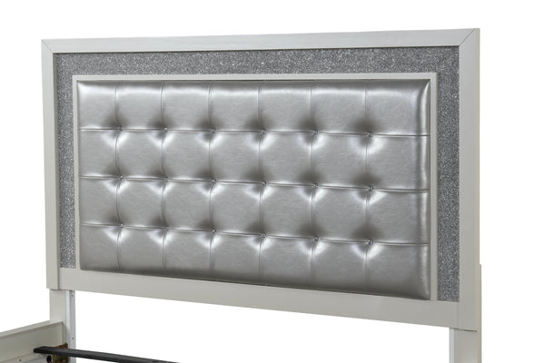 English Elm LED King Bed with Milky White Wood, Tufted Upholstered Headboard, Crystal LED Accents for Luxe Ambiance 659436497405