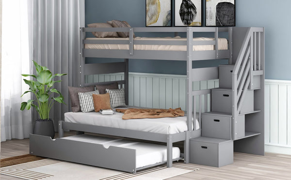 English Elm Twin Over Full Bunk Bed with Staircase Storage Drawers and Pull Out Trundle LT000025AAE-2