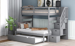 English Elm Twin Over Full Bunk Bed with Staircase Storage Drawers and Pull Out Trundle LT000025AAE-1
