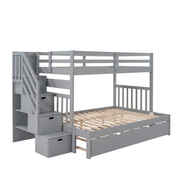 English Elm Twin Over Full Bunk Bed with Staircase Storage Drawers and Pull Out Trundle LT000025AAE-1