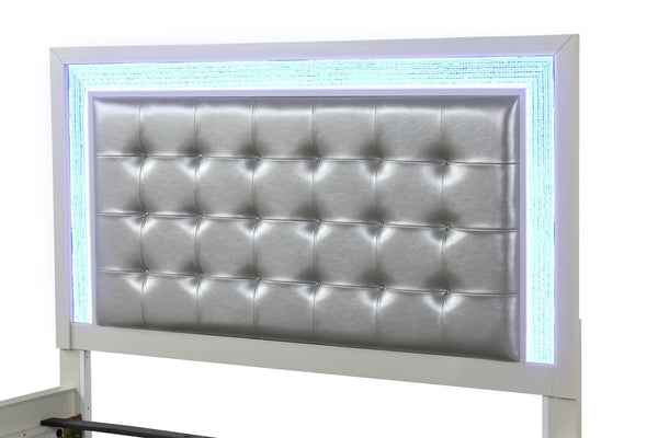 English Elm LED King Bed with Milky White Wood, Tufted Upholstered Headboard, Crystal LED Accents for Luxe Ambiance 659436497405