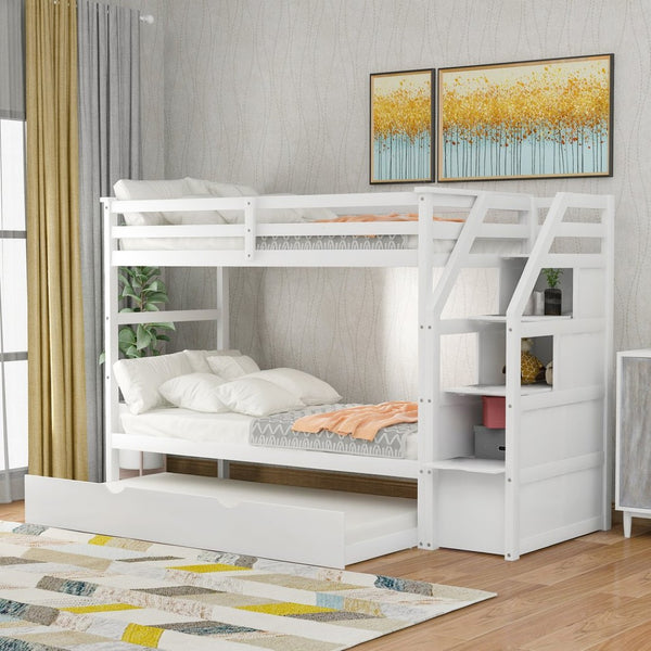 English Elm Twin-over-twin Bunk Bed with Trundle Stair Storage Kids Shared Bedroom White LT000064AAK