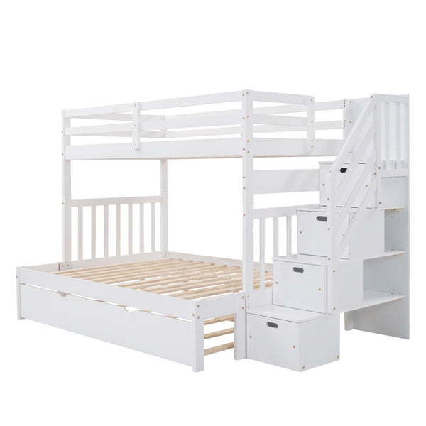 English Elm Twin Over Full Bunk Bed with Staircase Storage Drawers and Pull Out Trundle LT000025AAK-1