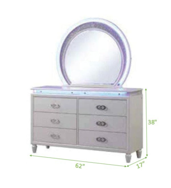 English Elm Queen Perla 5 Pc LED Bedroom Set – Milky White Solid Wood, Channel Tufted Headboard, Luxe Storage 659436146181