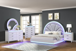 English Elm King Perla 5-Pc LED Bedroom Set in Milky White — Solid Wood, Channel Tufted Headboard, Luxe Storage, Crystal Accents 659436064584