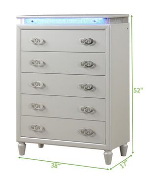 English Elm Perla Glam Queen 5-Pc LED Bedroom Set with Tufted Upholstery, Crystal Accents & Ample Storage 659436270626