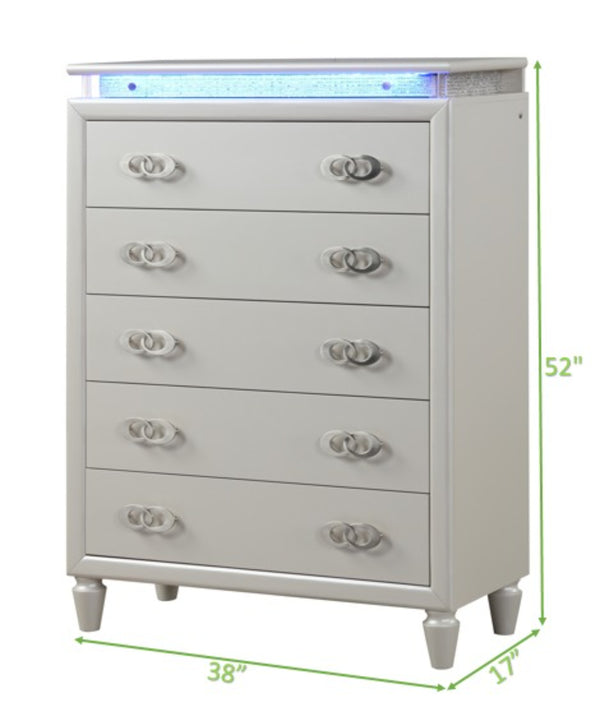 English Elm Perla Glam Queen 5-Pc LED Bedroom Set with Tufted Upholstery, Crystal Accents & Ample Storage 659436270626