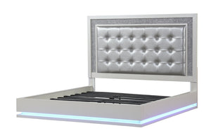 English Elm LED King Bed with Milky White Wood, Tufted Upholstered Headboard, Crystal LED Accents for Luxe Ambiance 659436497405